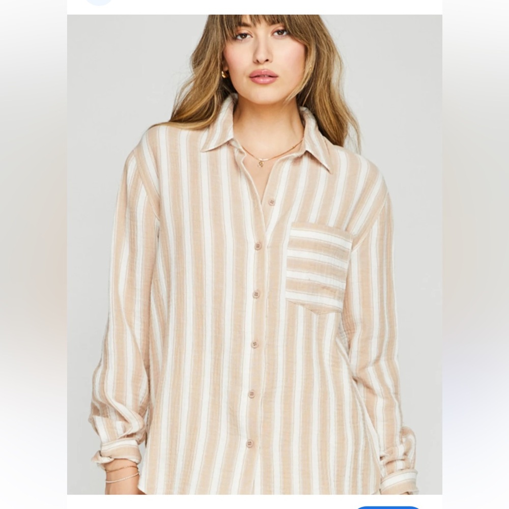 ESQUALO Tan/Gold/White Stripe Blouse-Silk blend Pocket- Buttonup Sleeve-EUC Sz12